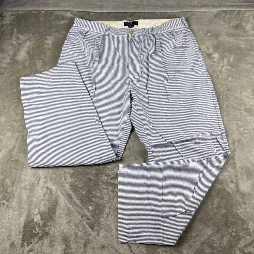 Polo Ralph Lauren Andrew Pant Mens 40x29 Blue White Seersucker Pleated Stripe